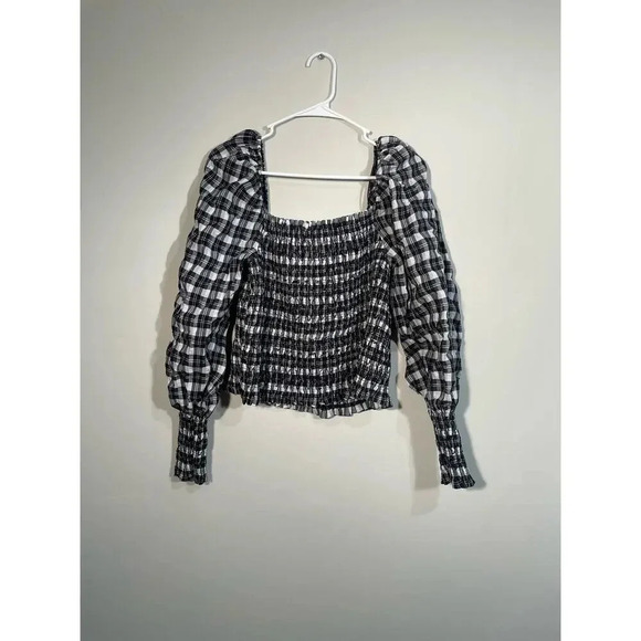 H&M Black and White Plaid Shirred Square Neck Puff Sleeve Top - Picture 1 of 8